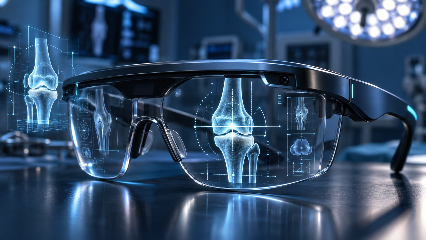 RoboEye ER mixed-reality smart glasses displaying a 3D knee joint plan